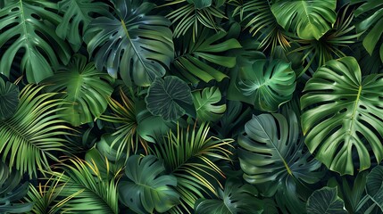 A background of lush green tropical leaves.