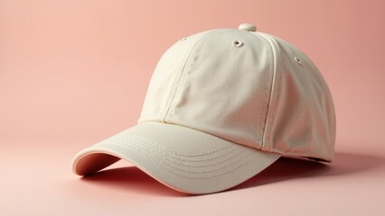 Fototapeta premium A simple, stylish, beige baseball cap rests on a soft pink background, showcasing its clean design and subtle texture.