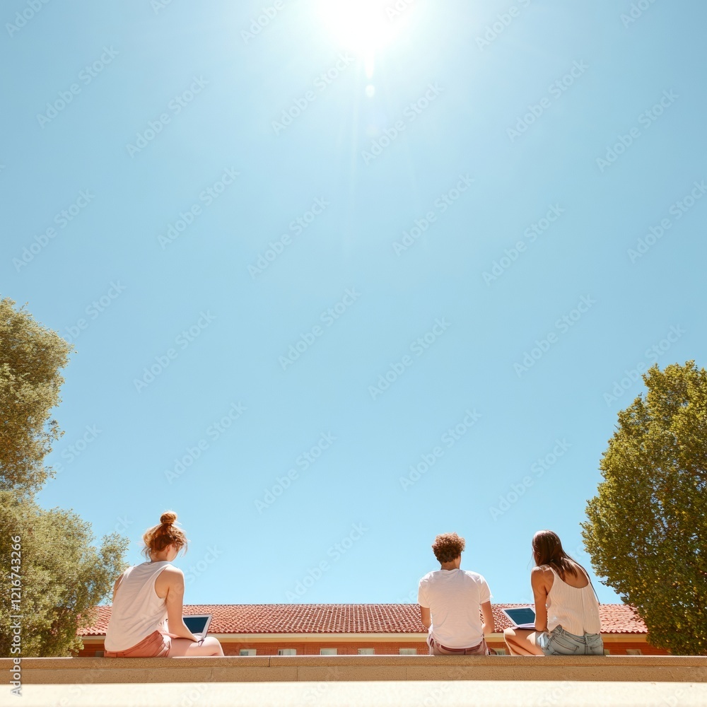 Poster modern university campus vibes diverse student community engaged in outdoor learning on tech devices
