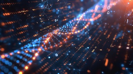 Obraz premium Abstract representation of digital data flow with binary code and glowing particles in a futuristic setting