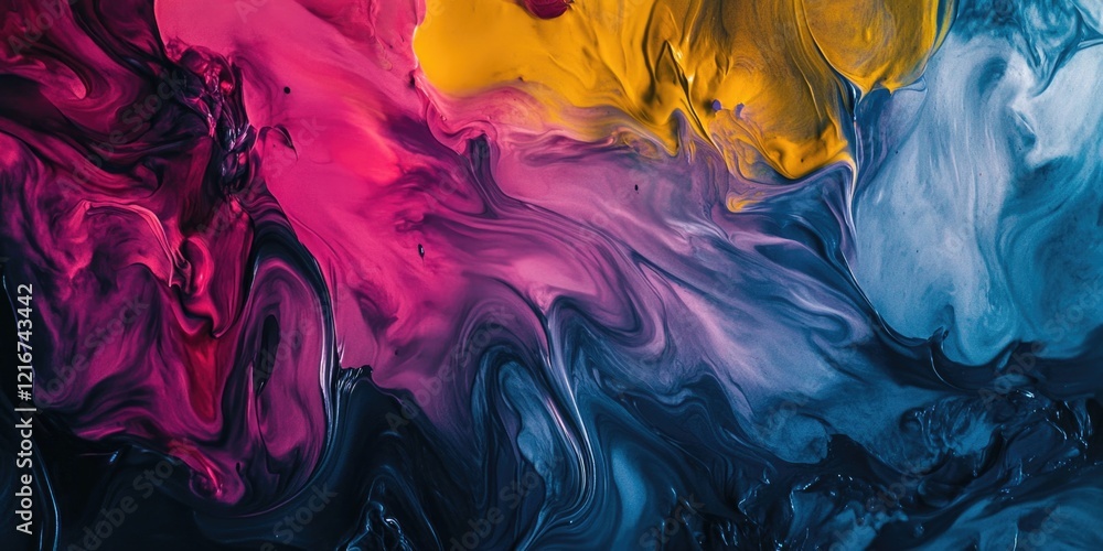 Poster this image features a vivid and dynamic abstract painting with bold colors and brushstroke-like text