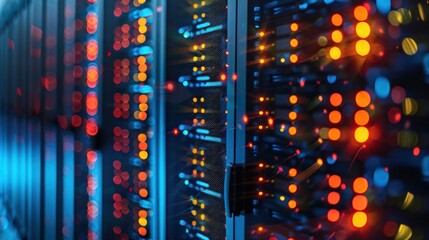 Vibrant server room filled with blinking lights, showcasing data processing in a tech environment