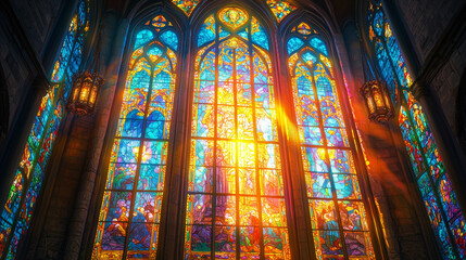 Obraz premium Detailed artistic illustration of an ornate stained glass window, glowing with vibrant colors, depicting a holy scene, light streaming through