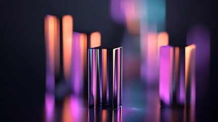 Illuminated glass prisms reflect vibrant light, abstract background, technology concept