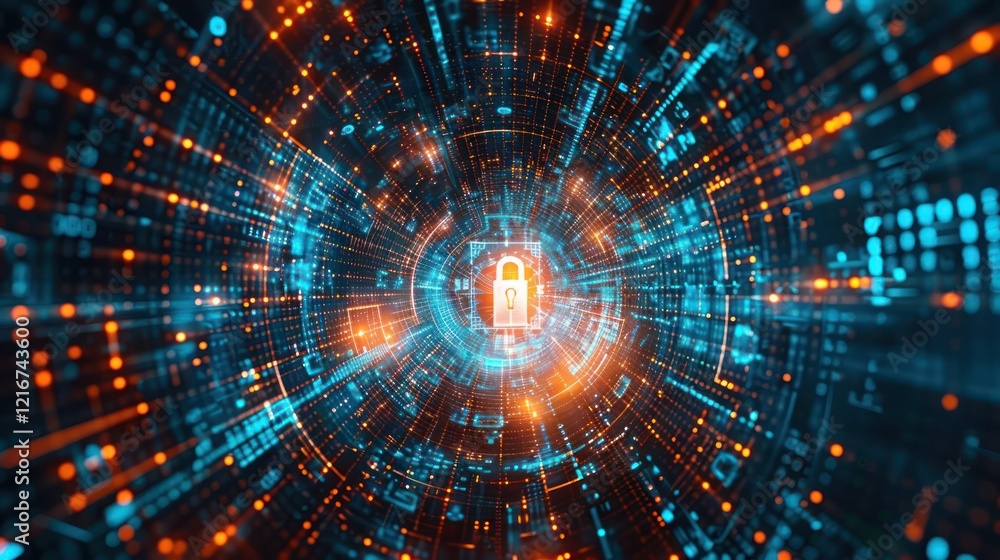 Poster abstract digital background depicting a secure lock symbol amidst glowing data streams