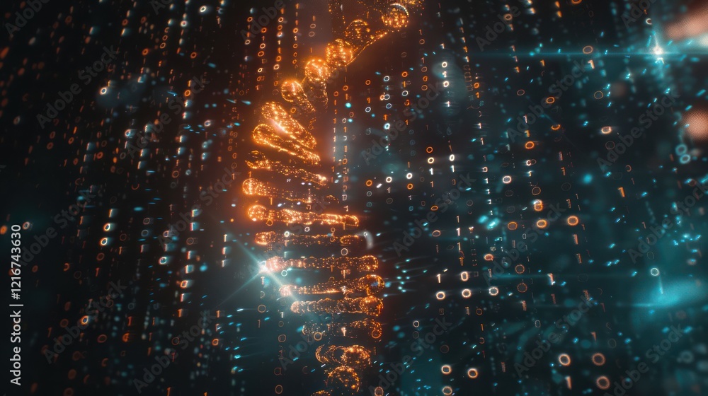 Poster abstract representation of a dna helix formed by luminous particles in a digital environment