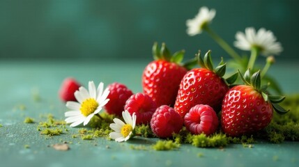 Summer Berries and Daisies on a Mossy Surface A Vibrant Still Life Composition