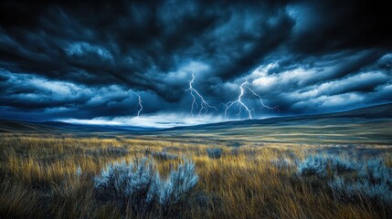 Obraz premium Dramatic lightning storm over a vast, grassy plain.