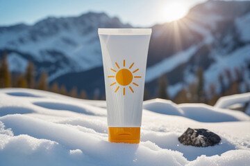 White sunscreen tube on snow on mountain sunlightbackground. Sun protection in winter. AI generated