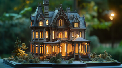 Fototapeta premium A wooden scale model of a historic mansion, well-lit and set on a display table