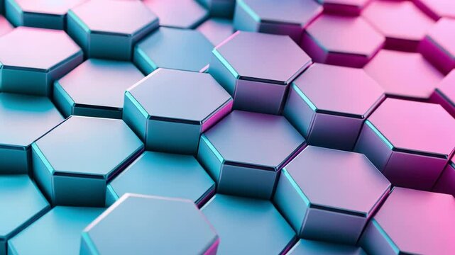 Abstract Hexagon Pattern:  A mesmerizing abstract background features an intricate pattern of metallic hexagons in cool blue and vibrant pink tones.