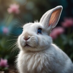Obraz premium Adorable white rabbit with bright blue eyes, looking upwards in a garden setting. Fluffy fur, attentive expression. Spring flowers in the background.
