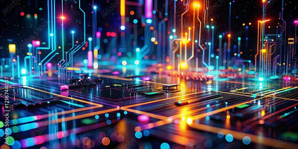 Aufkleber abstract digital tech background: low light glowing circuits & data streams