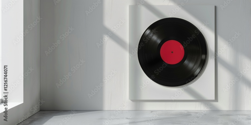Aufkleber a black record with a red circle on it is displayed in a white room. the record is placed on a white