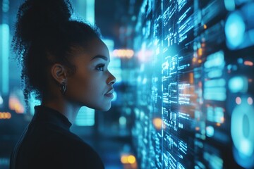 A young woman engrossed in a digital world, surrounded by holographic screens and cyberpunk technology.