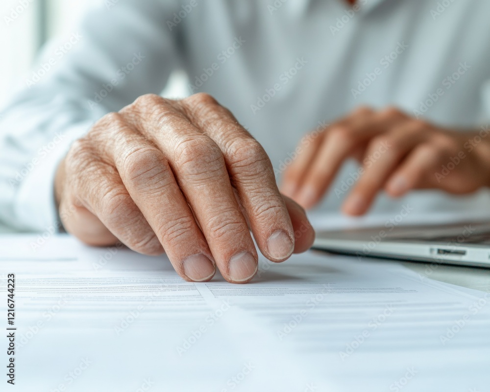 Poster streamlined digital bureaucracy elderly hands navigating official documents and technology - efficie