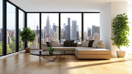 Modern Living Room with City View Balcony - Luxurious apartment, panoramic city view, spacious living room, comfortable sectional sofa, contemporary design.  Sunlight streams in, creating a warm, invi