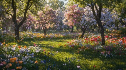 Obraz premium Spring blossoms orchard sunrise, floral meadow background, idyllic scene