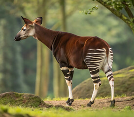Okapi in forest striped legs deer-like appearance  rare species of animals