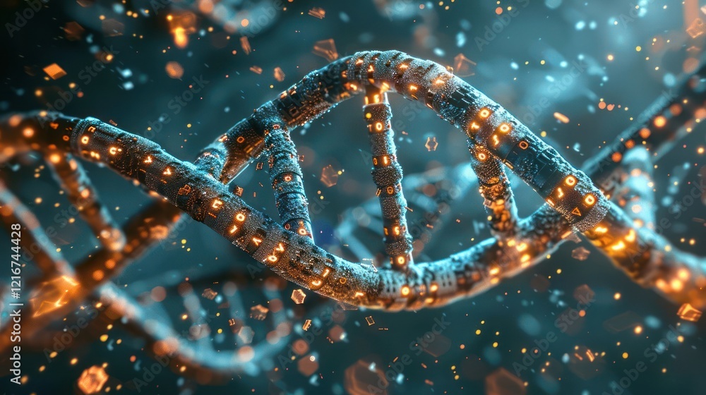 Poster intricate 3d representation of dna strands illuminated by glowing particles in a cosmic background