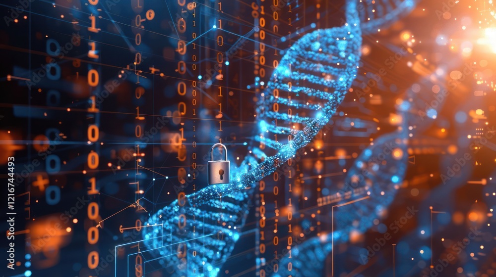Poster digital representation of dna with a padlock symbolizing genetic security and data protection