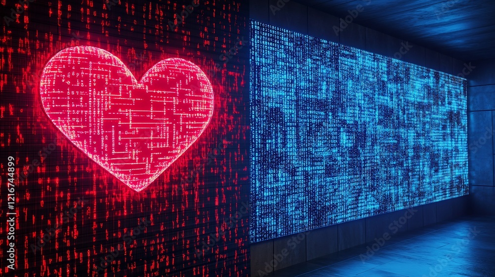 Poster digital love: a red heart and binary code display contrasting emotions in technology