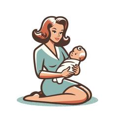 Happy mother sitting and holding her newborn baby wrapped in a blanket. Isolated vector illustration. Ideal for parenting, newborn care, and motherhood concepts.