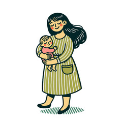 Scandinavian style illustration of a smiling mother holding her baby with a minimalist and cozy design. A charming isolated vector illustration symbolizing motherhood and family love.