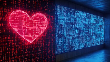Digital Love: A Red Heart and Binary Code Display Contrasting Emotions in Technology