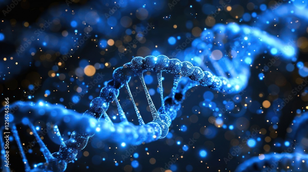 Poster close-up view of a dna double helix illuminated with blue light against a dark background