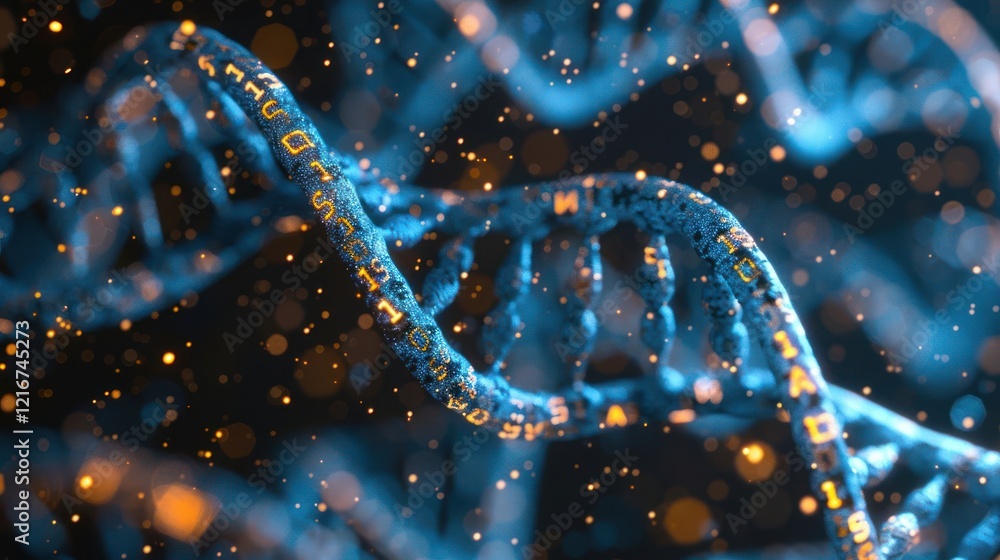 Poster abstract representation of dna strands illuminated by glowing particles in a dark background