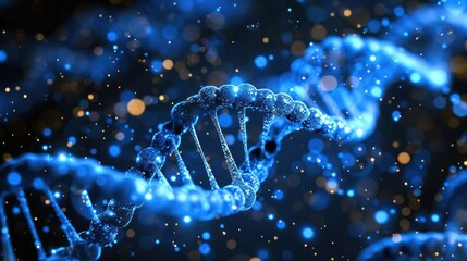 Close-up view of a DNA double helix illuminated with blue light against a dark background