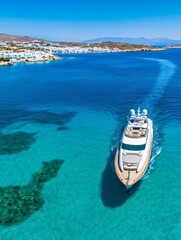 Ornos Bay Yacht Cruise Luxury - Luxurious yacht cruising in clear turquoise waters near Ornos Bay, symbolizing freedom, adventure, relaxation, wealth, and escape.