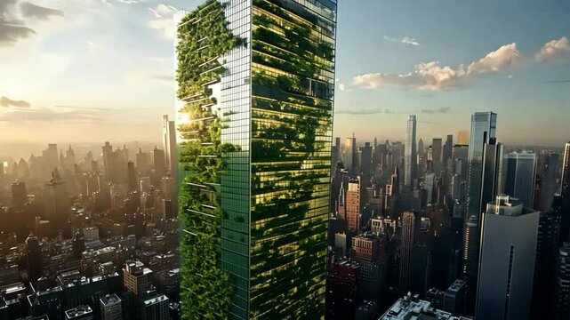 An energy-efficient skyscraper in an urban area, covered in vertical gardens and reflective windows designed to minimize heat.