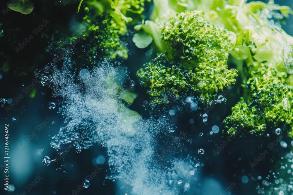 Poster fresh broccoli submerged in water with bubbles creating an abstract visual effect