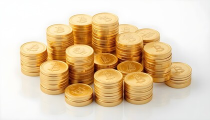 Golden Stacks of Bitcoin Cryptocurrency Coins with Modern Financial Symbolism
