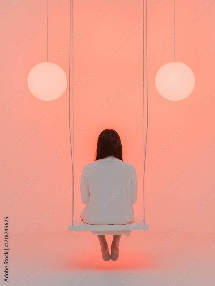 Fototapete dynamic immersive art installation asian woman on minimalist swing with illuminated orbs in modern g
