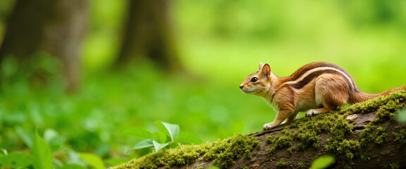 Obraz premium Chipmunk exploring a mossy log in a lush green forest