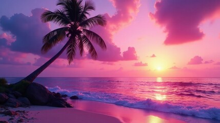 Serene Sunset Hues on a Tropical Shore, Palm Tree Silhouetted Against Vibrant Sky and Ocean