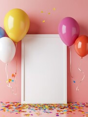 Party Mockup Frame Balloons Confetti - Festive mockup featuring a white frame, colorful balloons, and confetti on a pink background.  Celebration, joy, fun, party supplies, event.