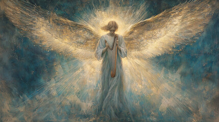 Artistic rendering of a serene angel with glowing wings, holding a harp, surrounded by radiant light, symbolizing grace, faith, and divine protection