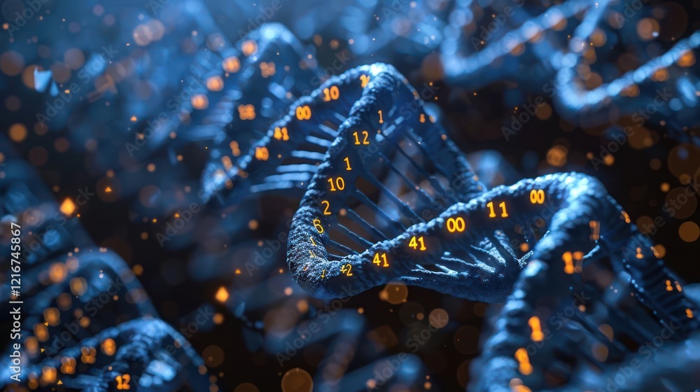 Poster abstract representation of a dna double helix with glowing numbers and bokeh effect in background