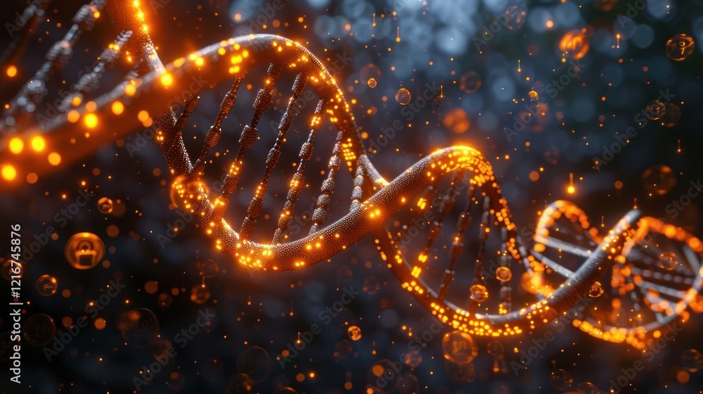 Poster glowing dna helix with sparkling particles in a dark background, representing genetic science