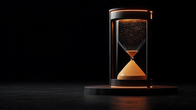 Illuminated hourglass on dark surface; time, deadline, concept; dark background; website, blog