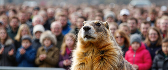 Groundhog observes happy crowd during Groundhog Day celebration