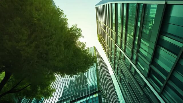 An energy-efficient skyscraper in an urban area, covered in vertical gardens and reflective windows designed to minimize heat.