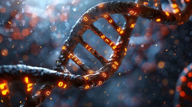 Intricate close-up of a DNA helix illuminated by glowing binary code in a mystical environment