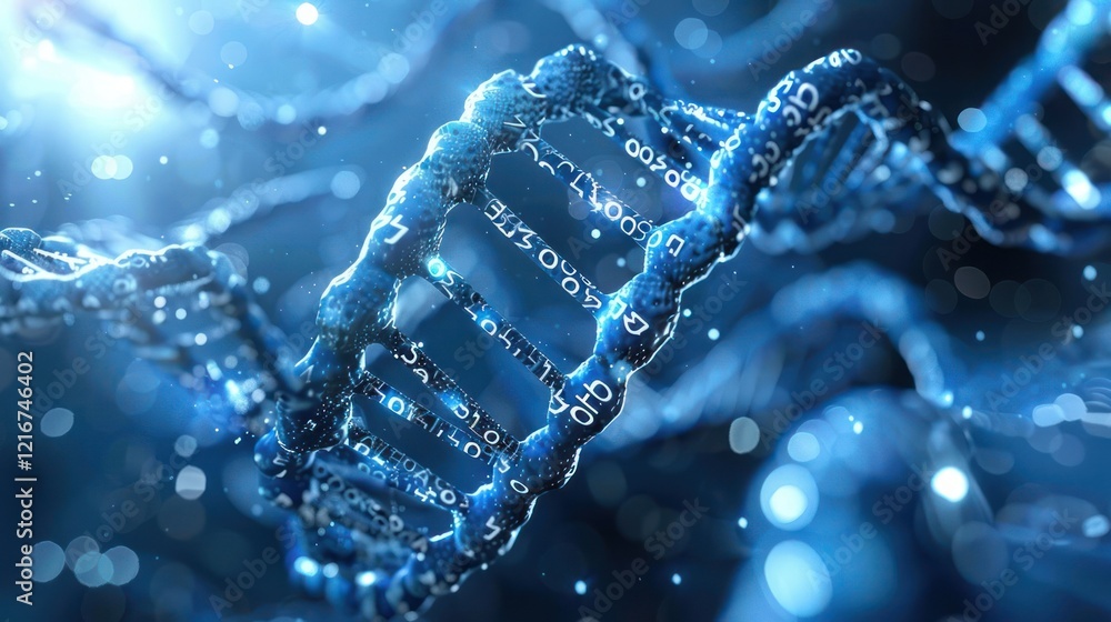 Poster close-up view of a dna double helix structure with glowing elements and blurred background
