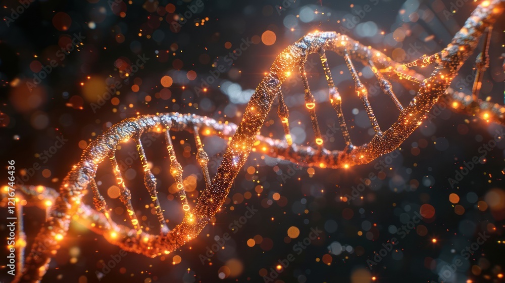 Poster glowing dna strand in a dark environment with sparkling particles and light effects