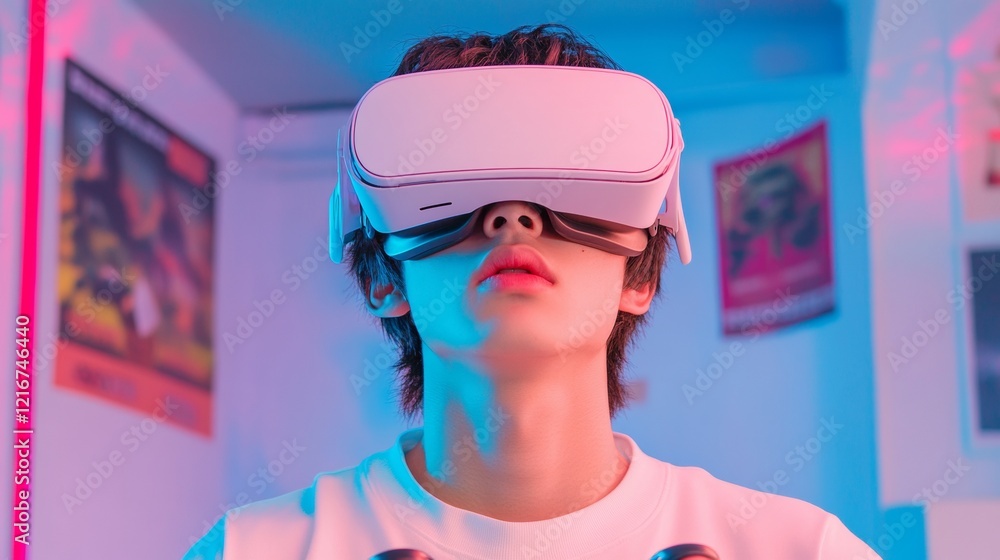 Aufkleber neon cyber gaming immersive vr experience with futuristic headset in youthful modern setup - creativ